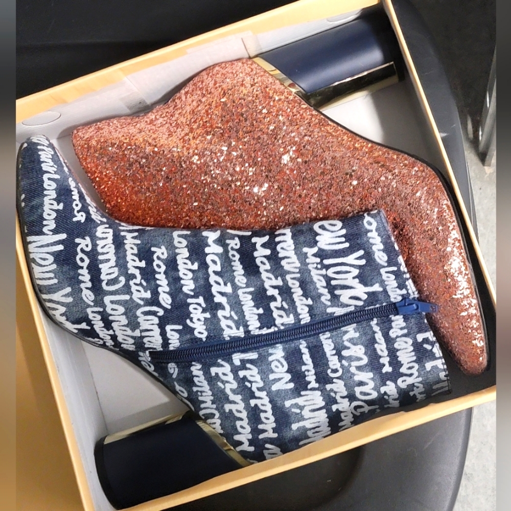 Denim Graffiti Sequin Rose Gold Boots